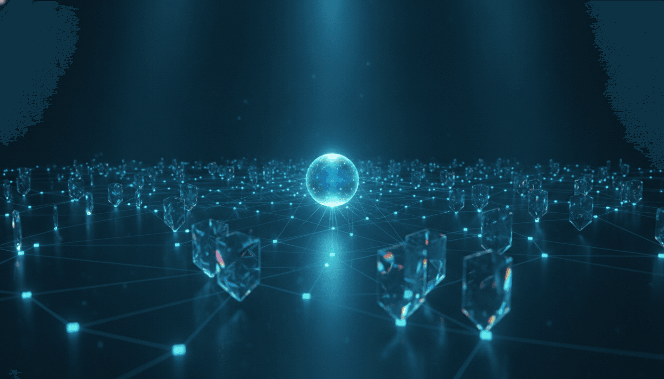 An abstract image representing AI and data privacy for business, showing a central AI core processing protected and encrypted data points.