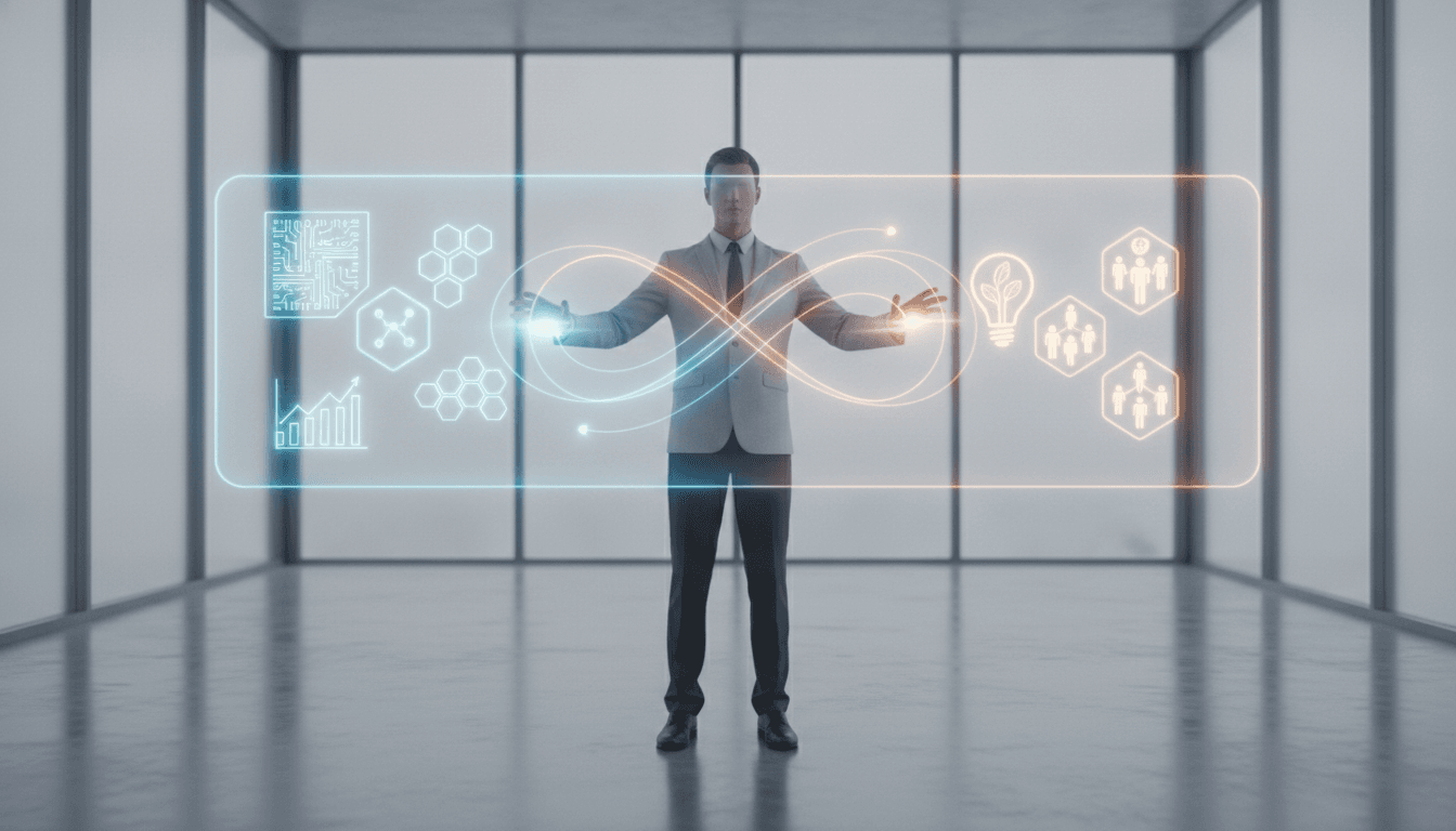 A manager's guide to AI automation vs human jobs, showing a balanced workflow between AI bots and human workers.