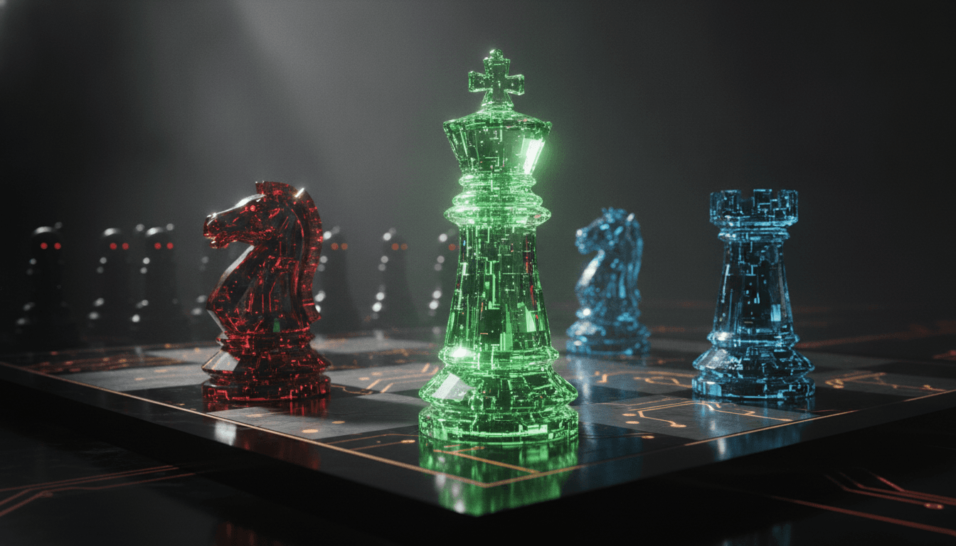 An illustration of the AI chip war explained, showing a green Nvidia king piece on a chessboard challenged by a red AMD knight and other rival pieces.