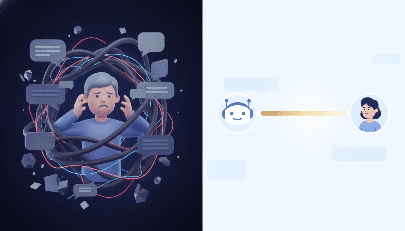 An illustration depicting good AI chatbot design, showing a frustrating, tangled chat on one side and a smooth, helpful chatbot-to-human escalation on the other.