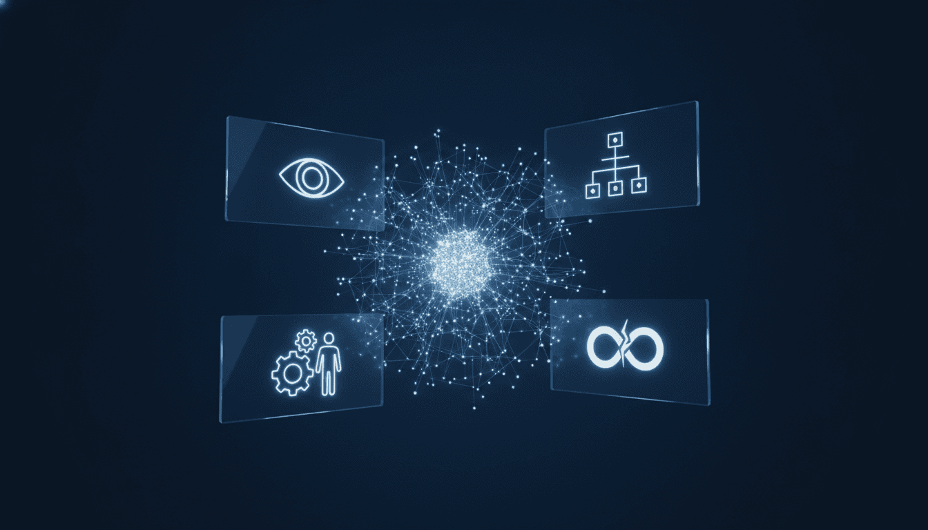 An abstract image representing the biggest AI ethics debates, showing symbols for surveillance, autonomy, jobs, and risk.