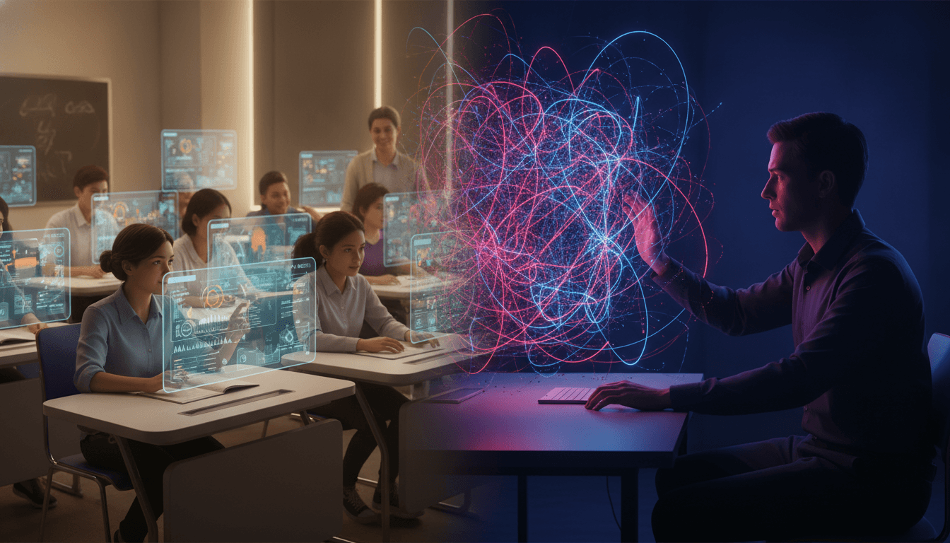 An illustration depicting AI in education, with students using advanced personalized learning tools while a teacher contemplates the challenges of academic integrity.