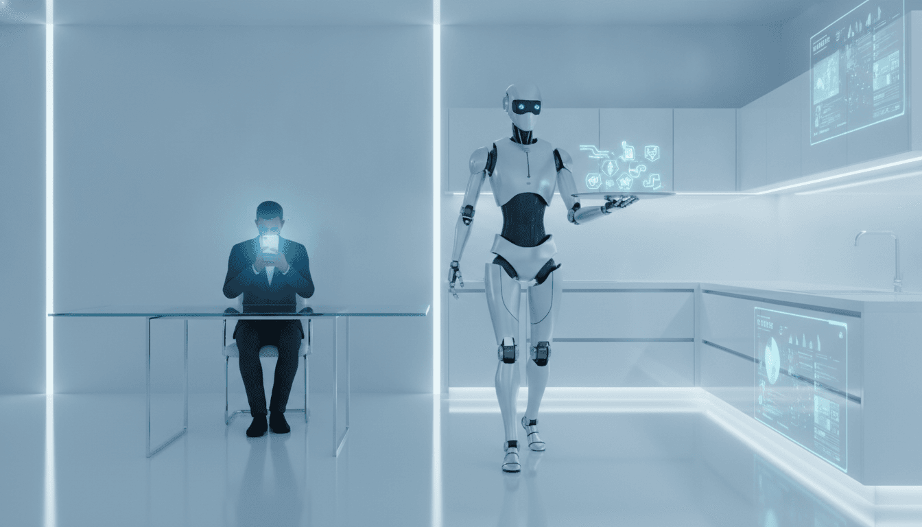 An illustration explaining what an API is, showing a robot waiter carrying data between a customer (an app) and a kitchen (a server).