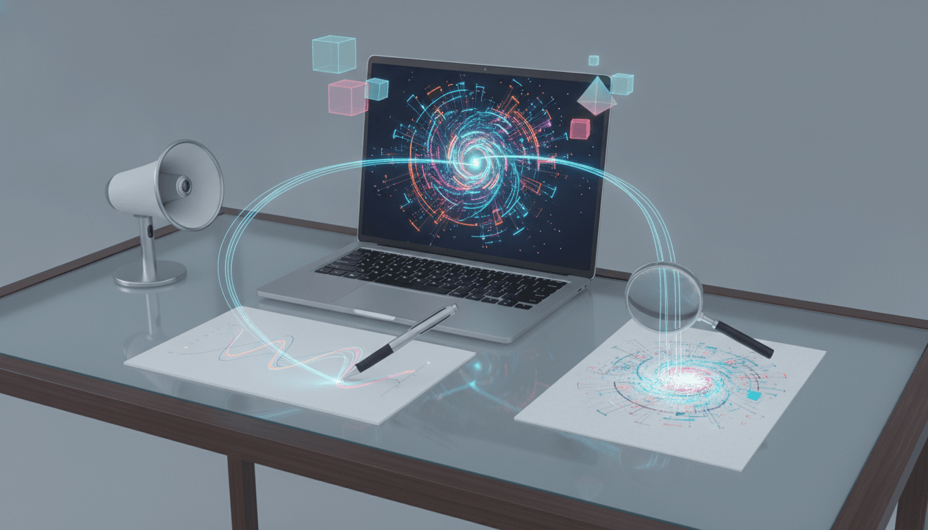 An illustration of a marketer's desk featuring some of the best AI marketing tools for content, ads, and analytics, symbolizing efficiency and data-driven strategy.