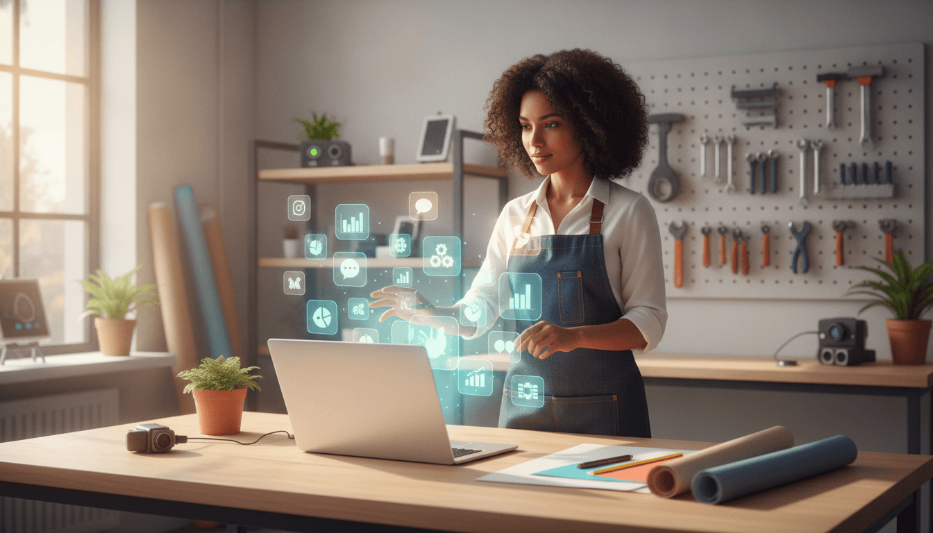An illustration of a small business owner using a laptop with icons for the best AI tools for small business floating out to organize the office.