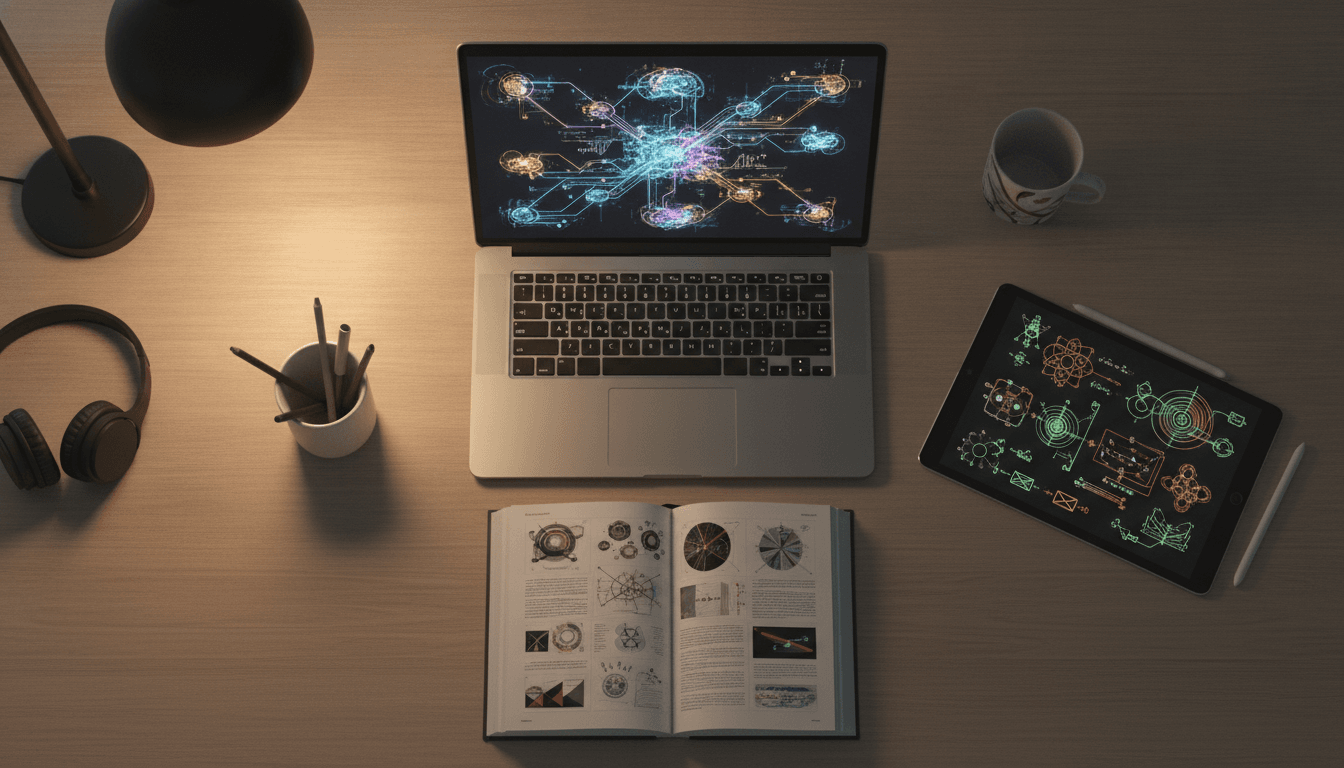 A student's desk with a laptop showing an AI-generated mind map, illustrating the use of the best AI tools for students to study effectively.