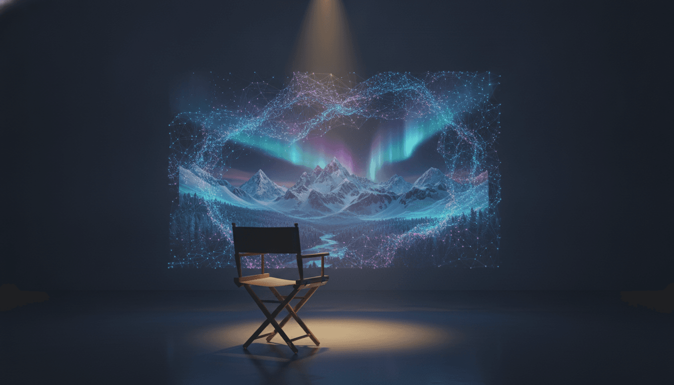 An illustration of a director's chair facing a glowing AI neural network, symbolizing the use of the best AI video generators for creative content.