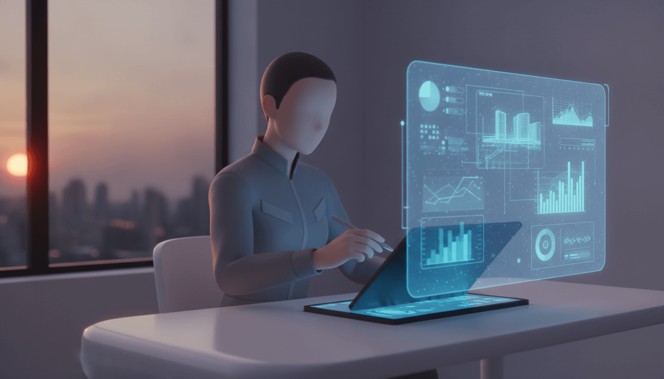 A content creator at a desk using a tablet to edit text suggested by a futuristic AI interface, representing the best AI writing tools for creative work.