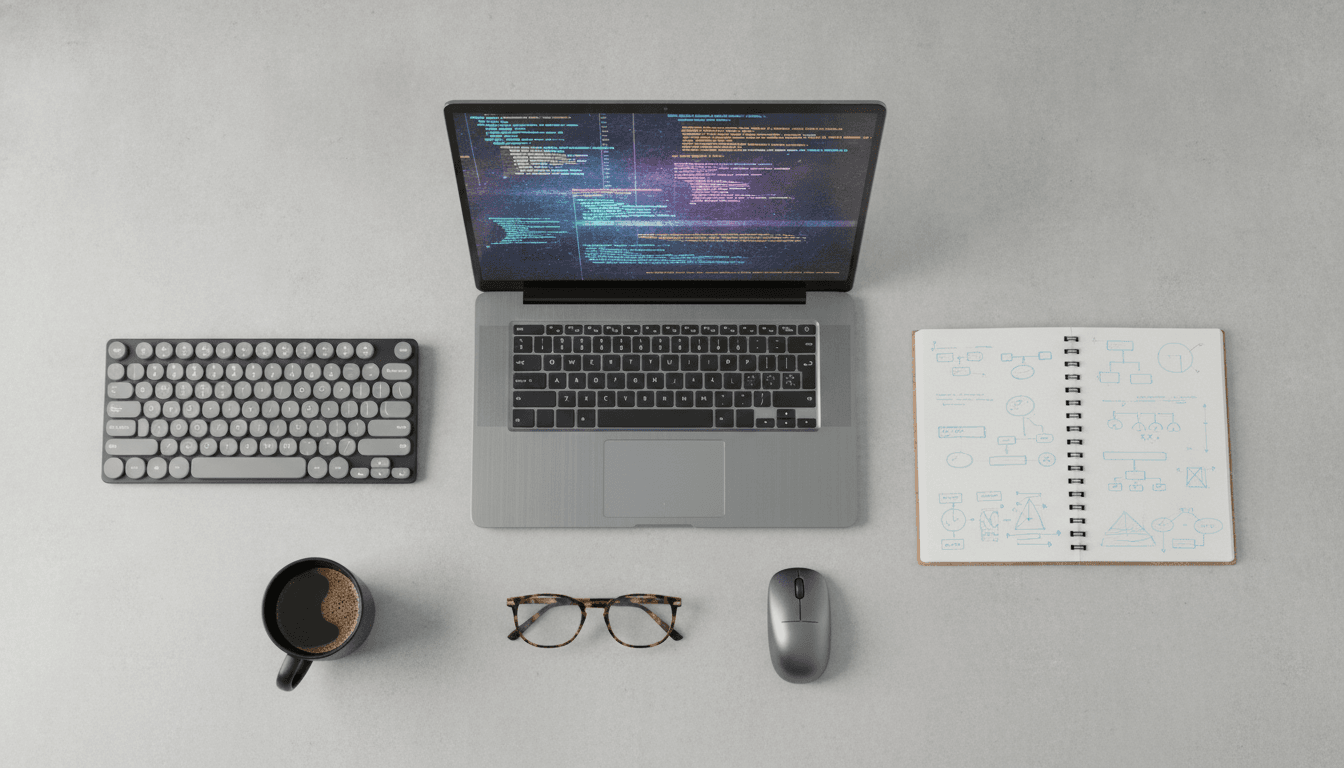 A modern laptop displaying code on a clean desk, illustrating the key elements of the best laptops for programmers.