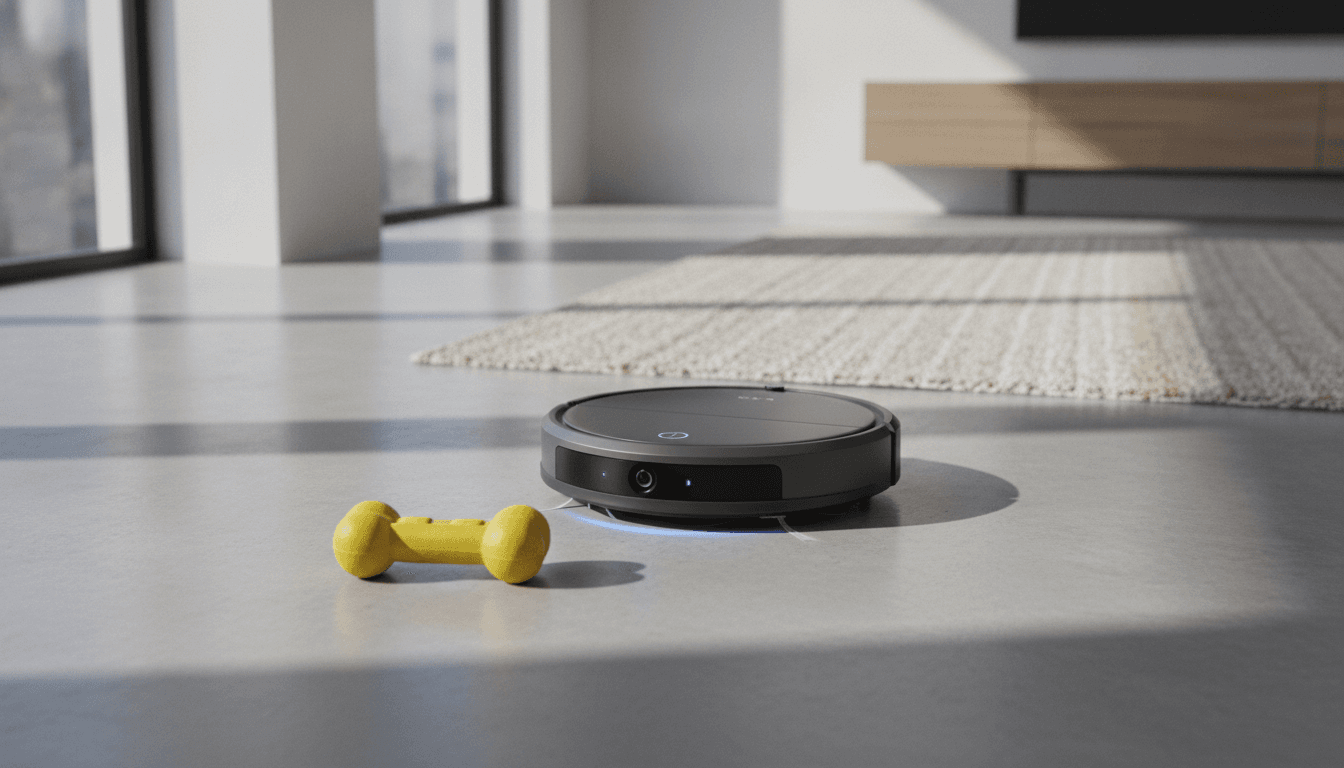 A modern, black robot vacuum cleaning a polished floor, demonstrating its obstacle avoidance by navigating around a pet toy in a sunlit room.