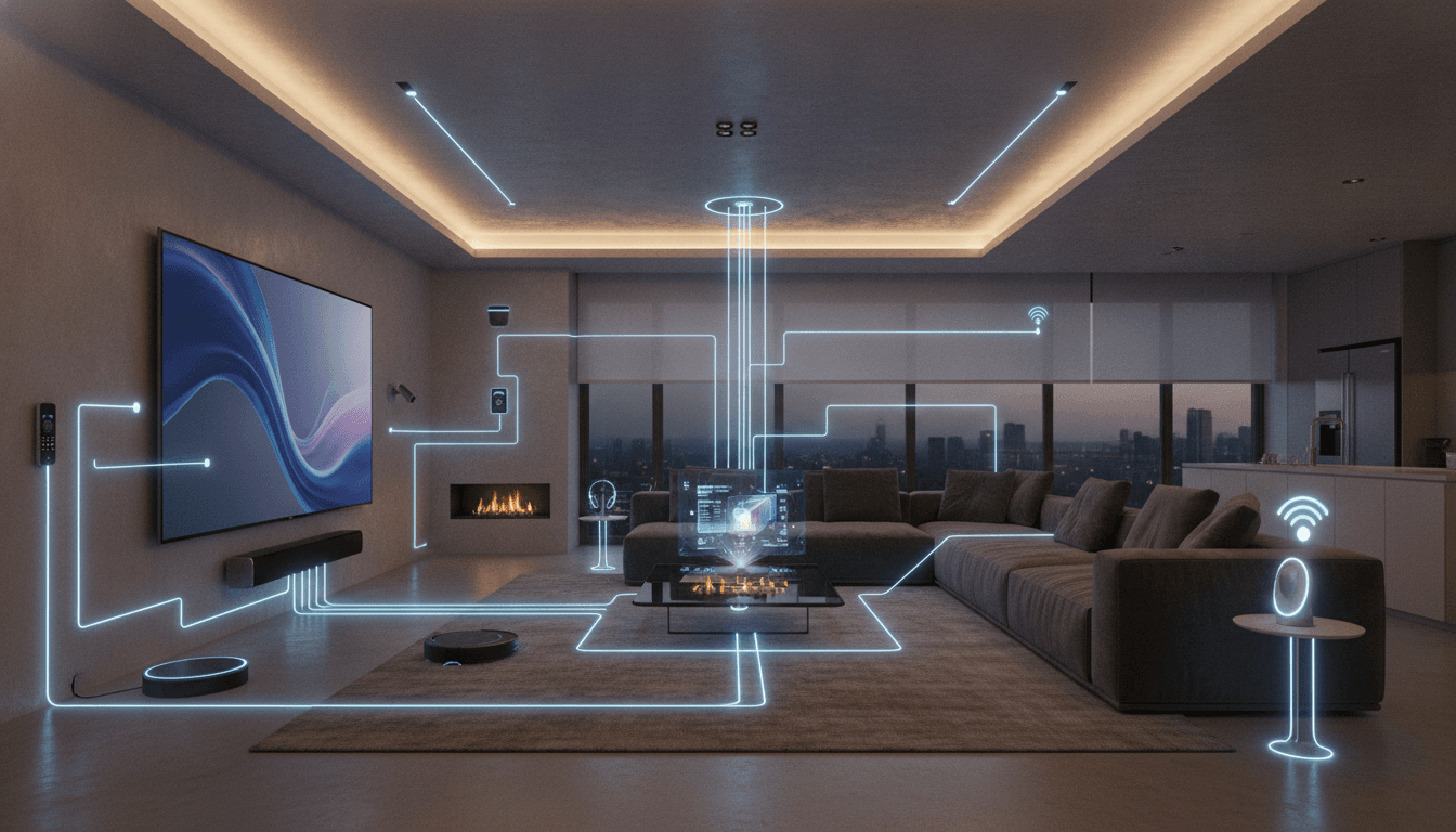 A cozy, modern living room with integrated smart home devices, including a smart speaker, subtle smart lighting, and a smart thermostat on the wall, suggesting effortless home automation.
