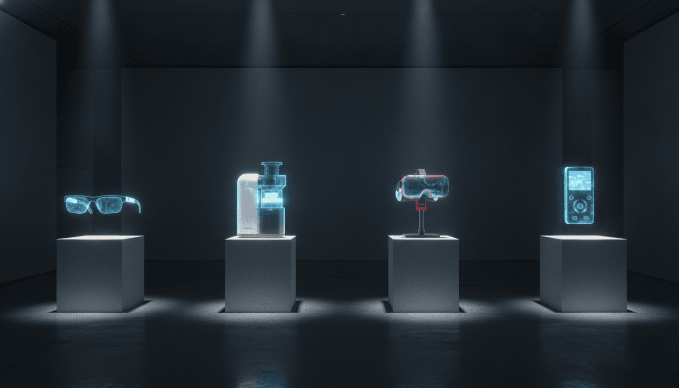 A digital art installation showing holographic models of the biggest tech flops in history, including Google Glass and the Juicero.