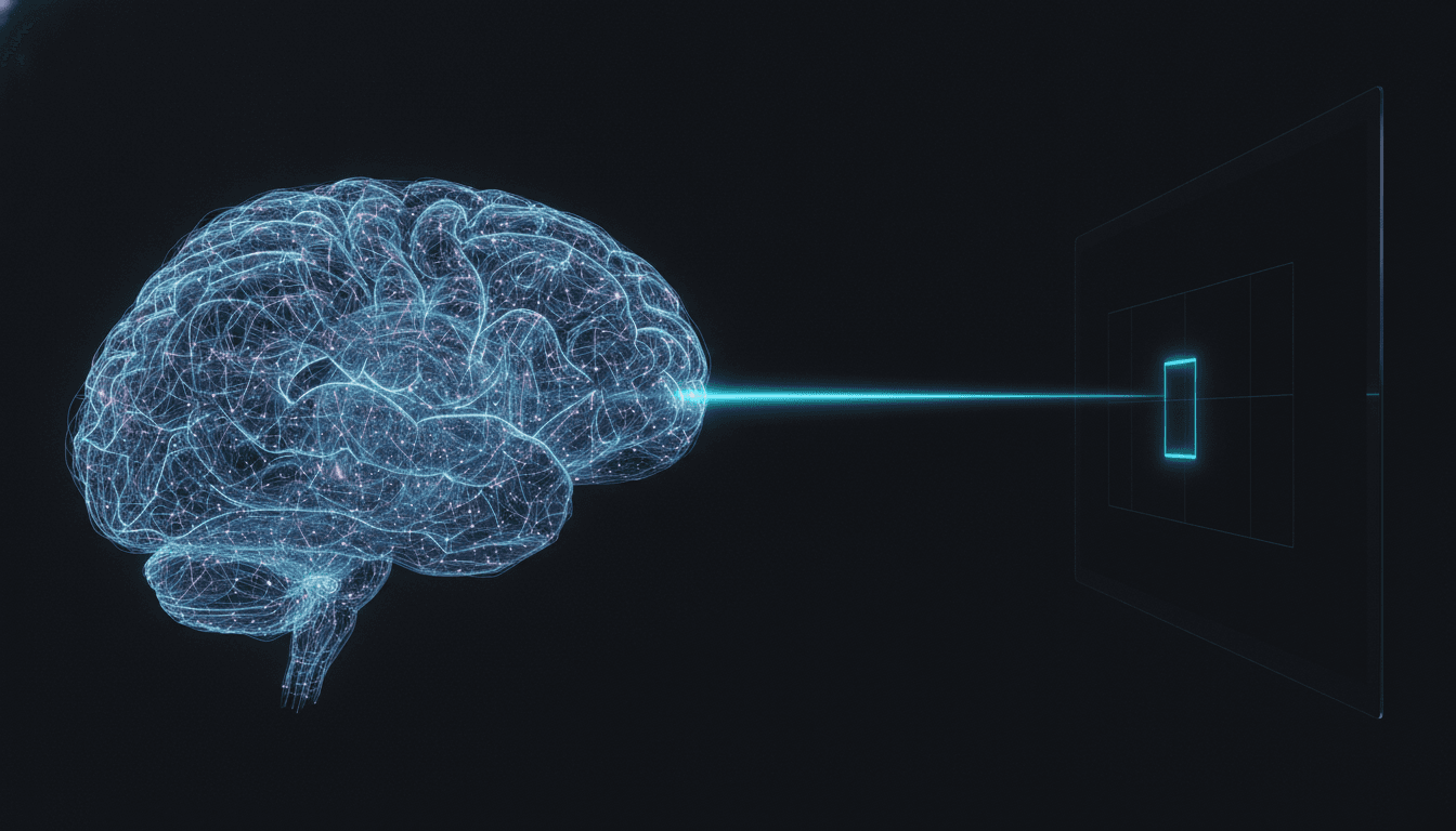 An artistic illustration of brain-computer interface technology, showing glowing neural pathways in a brain controlling a computer cursor.