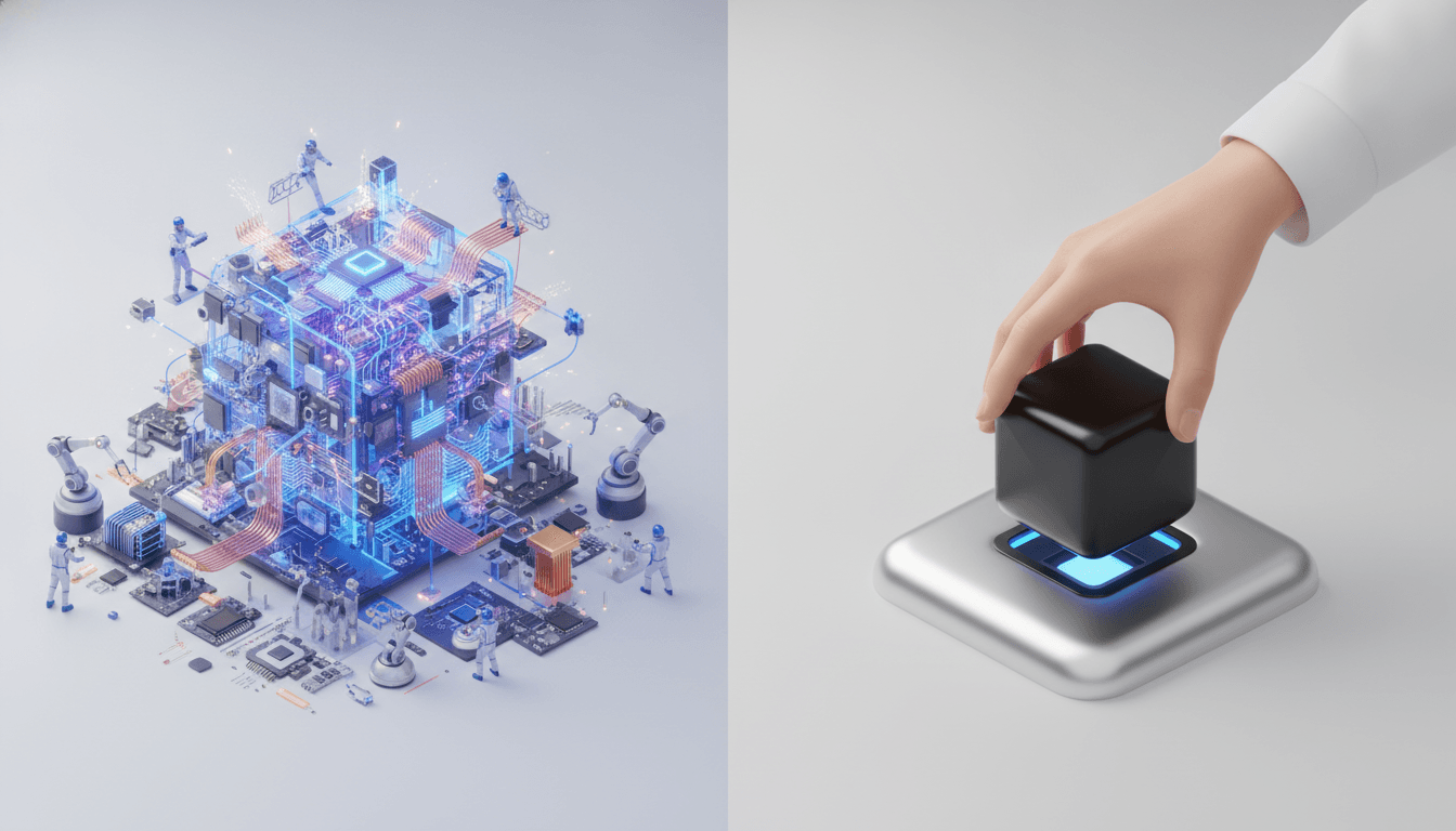 An illustration depicting the build vs buy AI decision with two paths, one showing custom development and the other showing a ready-made solution.