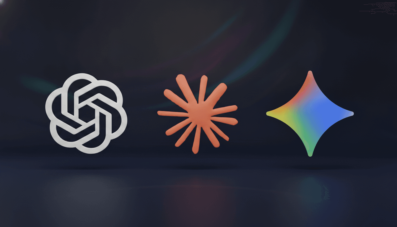 An abstract illustration for a ChatGPT vs Claude vs Gemini comparison, showing three distinct monoliths representing each AI's unique strengths.