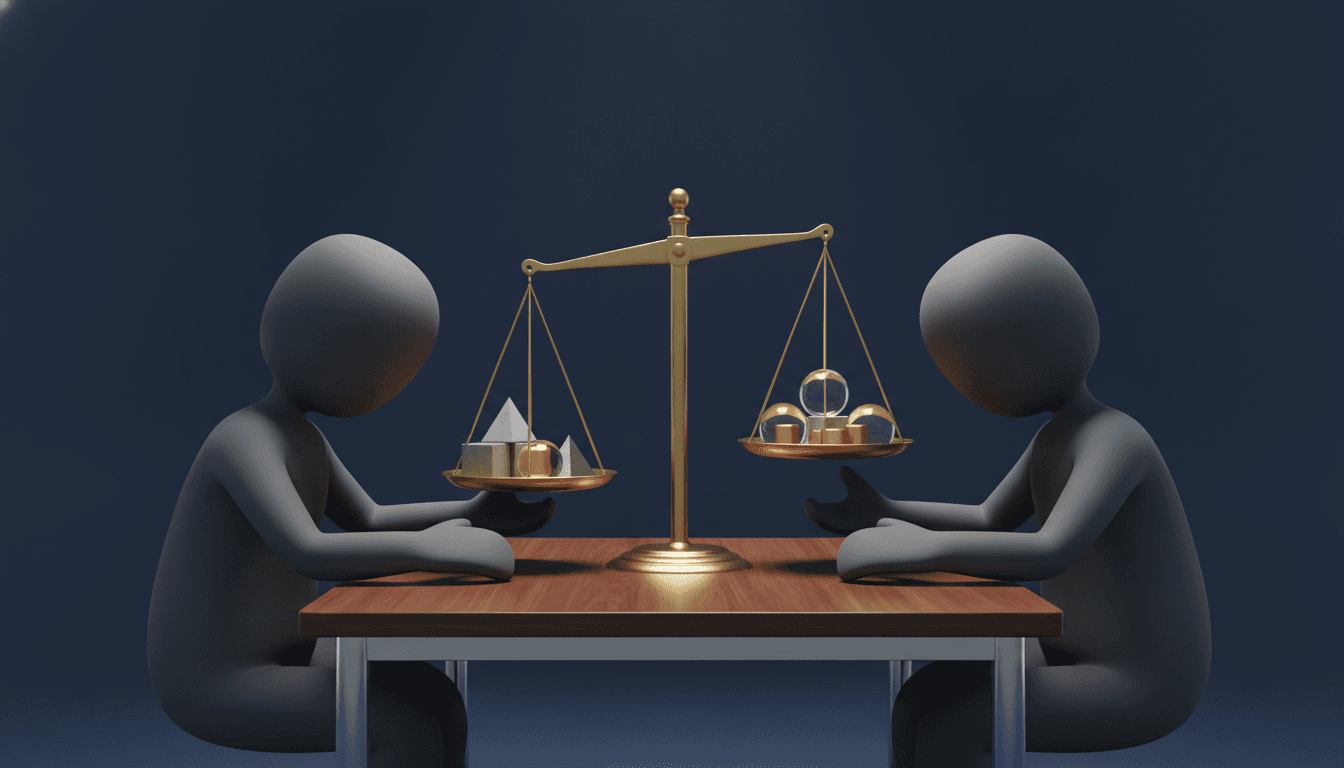 An illustration of two founders carefully balancing blocks on a scale, representing the process of a fair co-founder equity split.