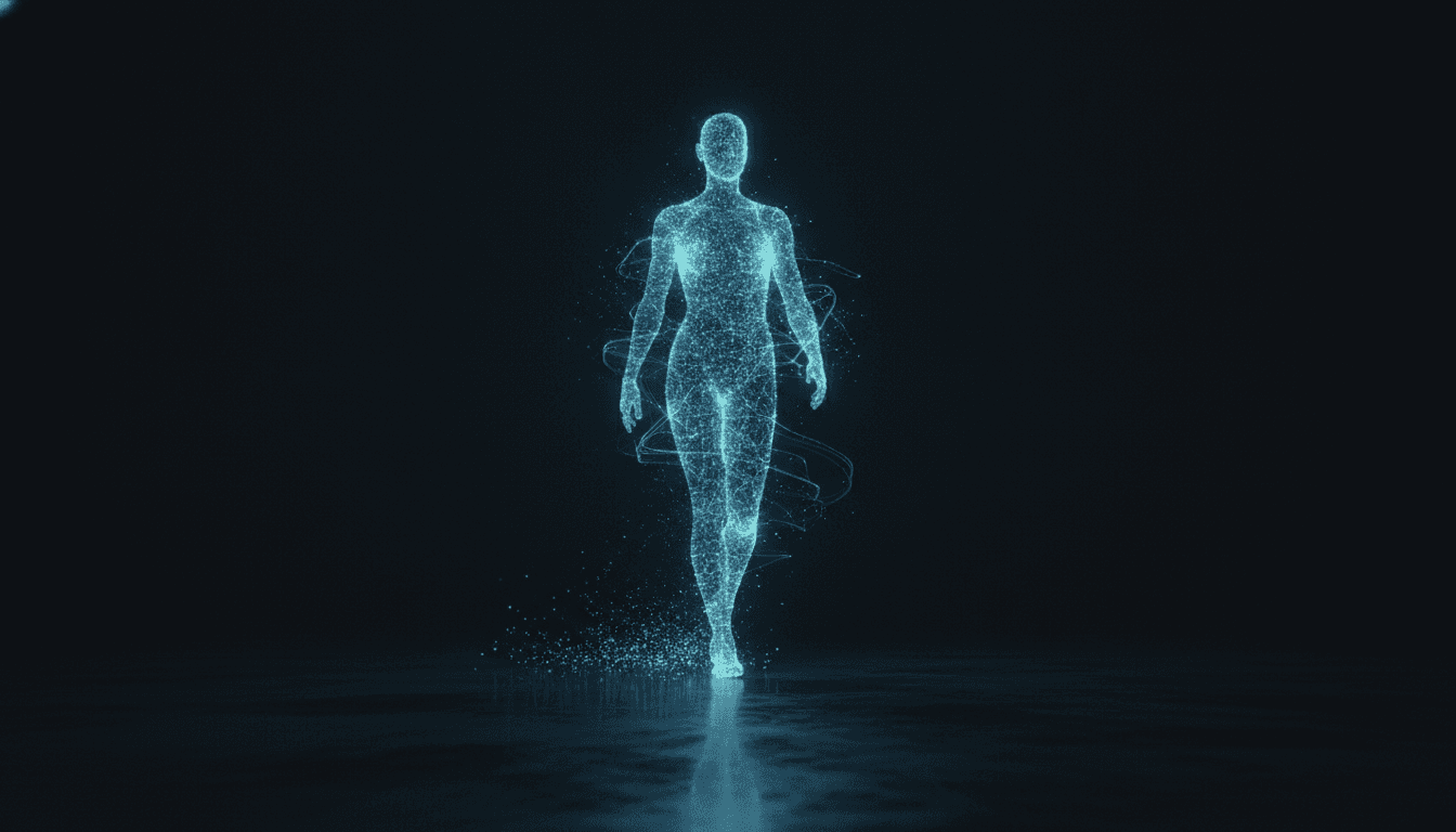 An abstract image representing a digital footprint, showing a glowing silhouette made of data points leaving a trail behind it.