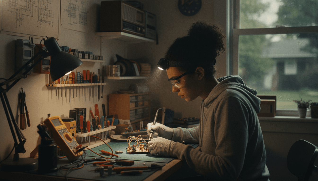 A meticulously crafted side project, a complex gadget, sits on a workbench illuminated by a single lamp, symbolizing the transition from a hobby to a business.
