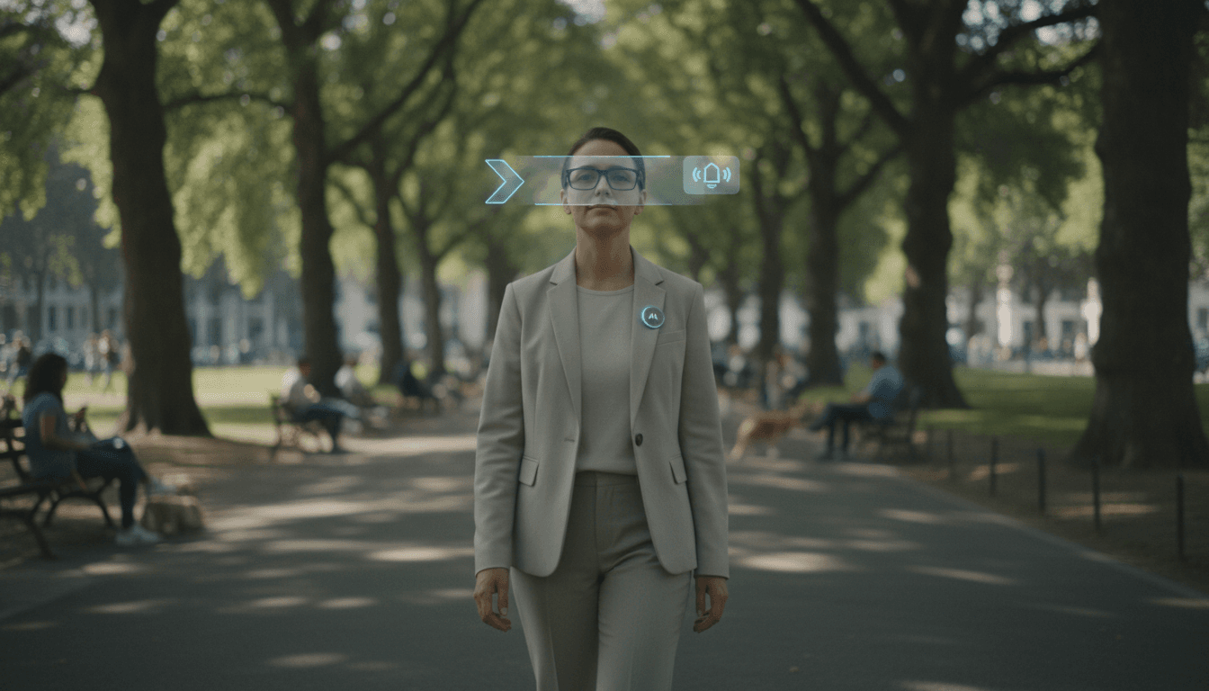 A person in a park wearing smart glasses and an AI pin, experiencing seamless digital overlays in their environment without a smartphone.