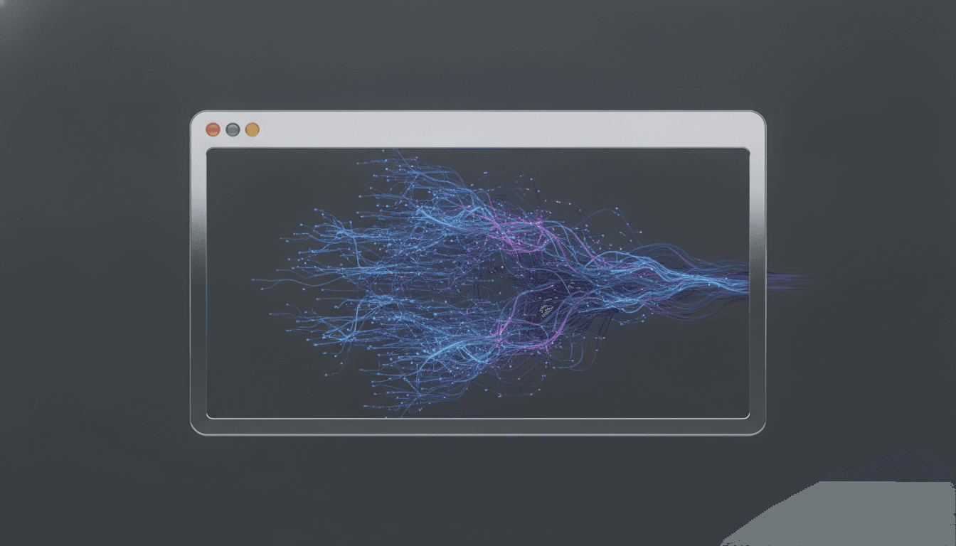 An abstract image representing the future of web browsers, showing a browser window transforming into an intelligent AI network.