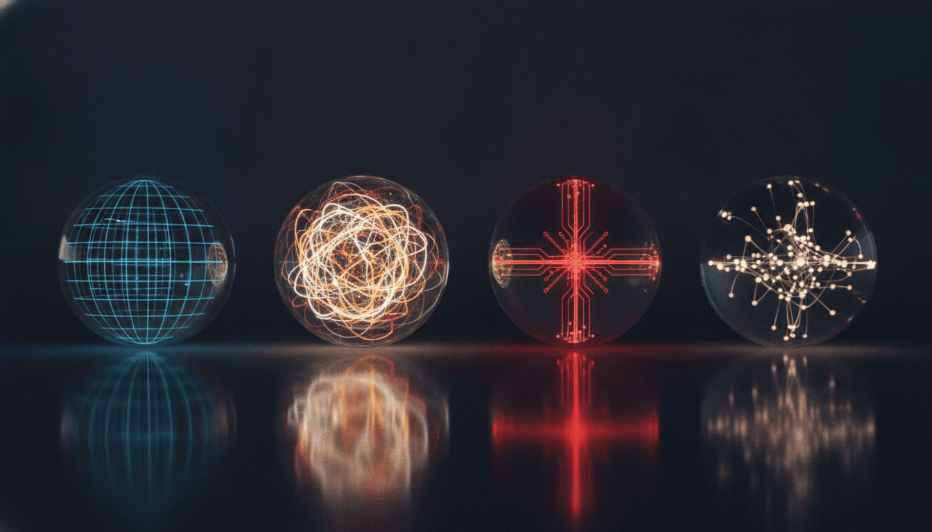 An abstract representation of global AI regulation, showing four glass spheres with different internal network patterns symbolizing the EU, US, China, and UK approaches.
