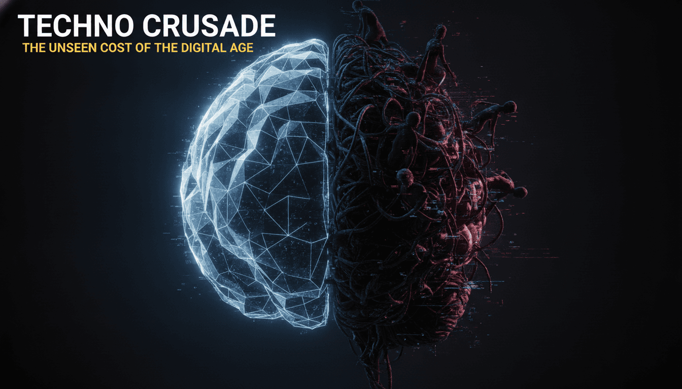 An abstract representation of an AI brain, half pristine and half a tangled mess, symbolizing the hidden costs of AI like data privacy and algorithmic bias.