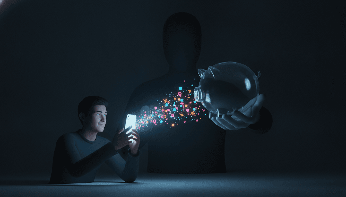 An illustration showing the hidden cost of free apps, with personal data flowing from a smartphone into a piggy bank held by a shadowy entity, representing the free app business model.