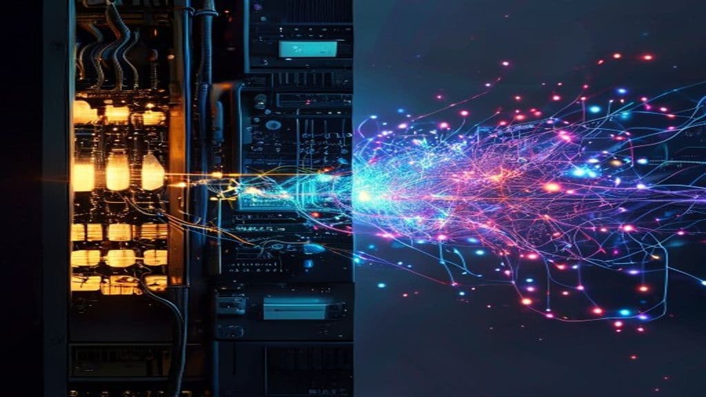 A visual timeline representing the history of artificial intelligence, transitioning from a 1950s computer to a modern neural network.
