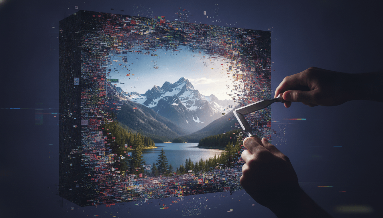 An illustration explaining how AI image generators work, showing hands carving a realistic image out of a block of digital noise.