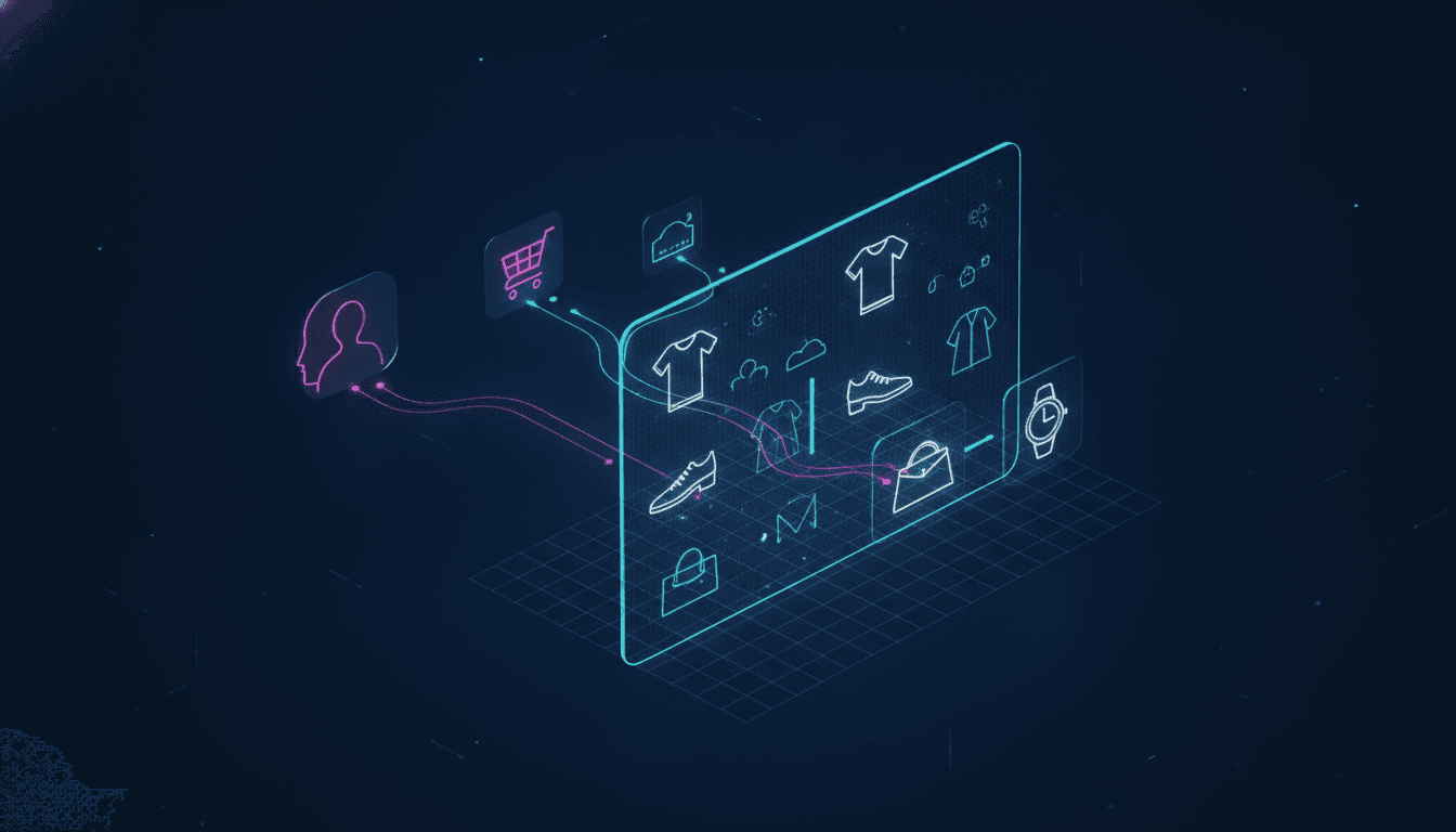 An abstract illustration of AI in e-commerce, showing personalized product recommendations being generated from user data points on a clean, dark interface.