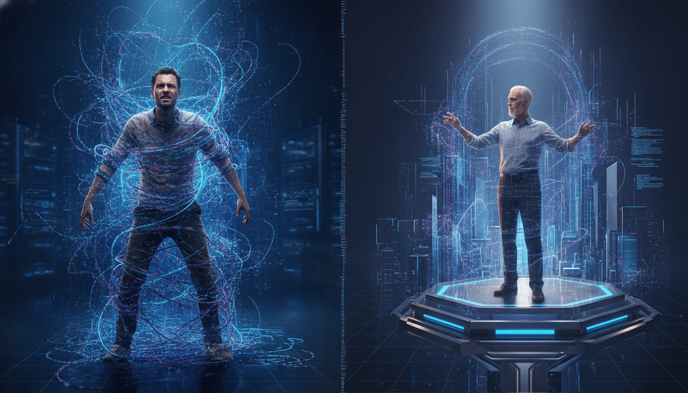 An illustration depicting how AI and software engineering careers are changing, showing a junior developer overwhelmed by AI code and a senior developer directing it.