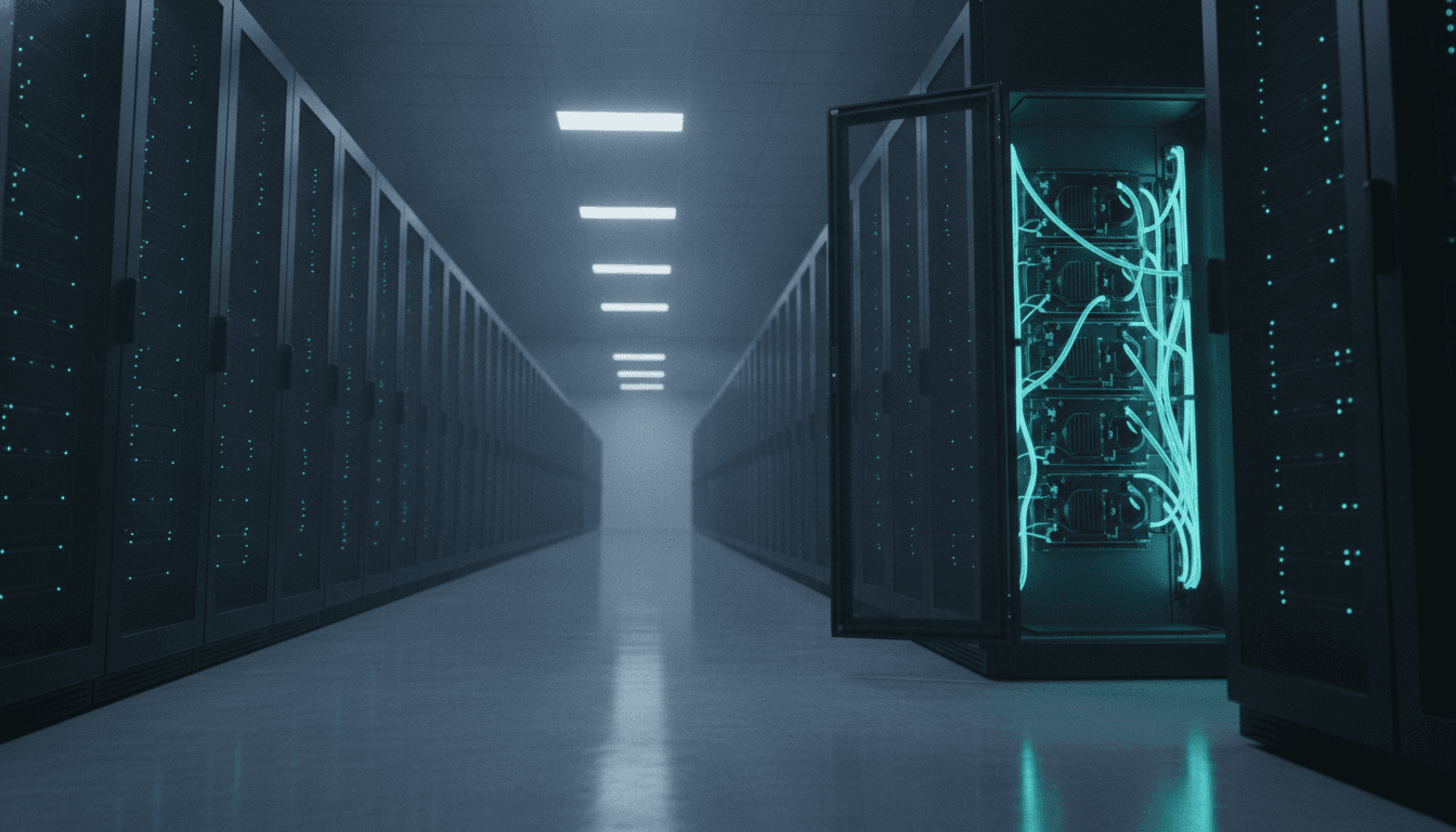 A view down an aisle of a modern data center showing how data centers work, with rows of server racks and visible liquid cooling infrastructure for AI.