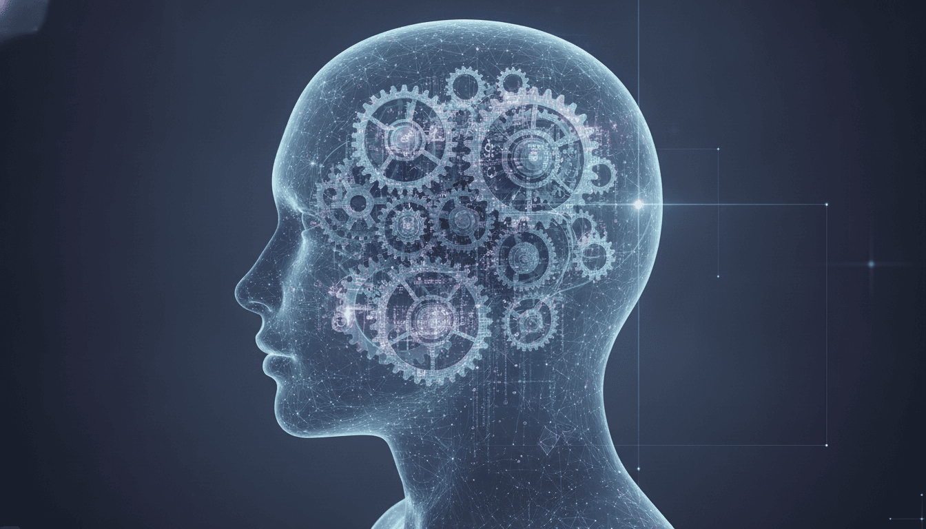 An illustration of a human head in profile, with a glowing neural network pattern showing how large language models work through pattern prediction instead of human thought.