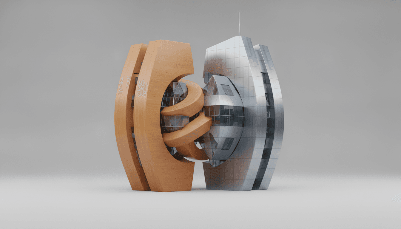 A 3D illustration showing two different buildings fitting together, symbolizing how mergers and acquisitions work by combining two companies.