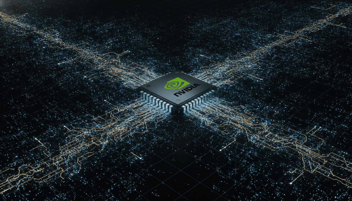 An illustration showing how Nvidia became important in AI, with a glowing GPU at the center of a vast digital neural network.