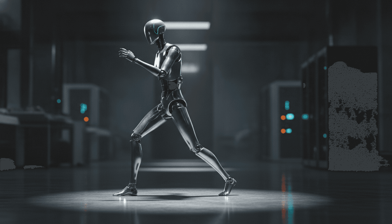 A humanoid robot with advanced AI learning to walk and balance on one leg in a futuristic laboratory setting.