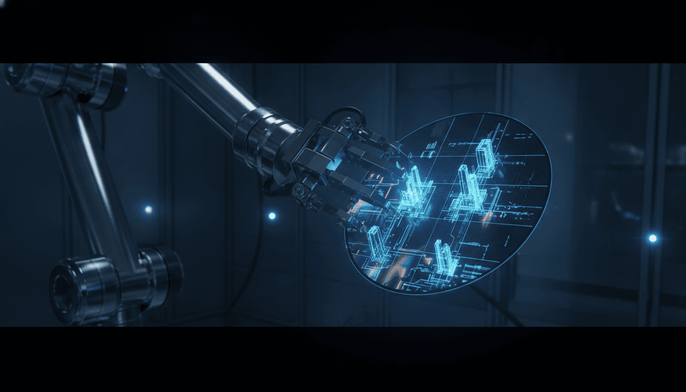 A close-up view of a silicon wafer illustrating how semiconductors work, with glowing blue circuits being etched onto its surface by a robotic arm in a manufacturing facility.