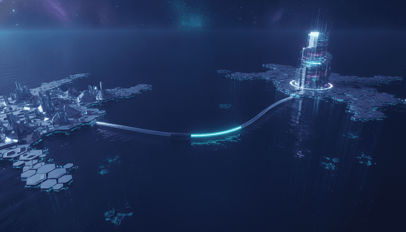 An abstract visualization of how the internet works, showing a glowing data packet traveling through an undersea fiber-optic cable between continents.