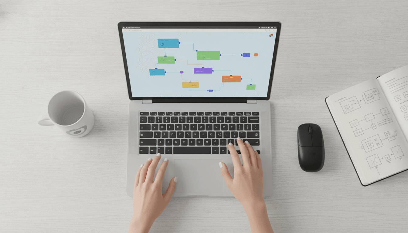 A person uses a no-code chatbot builder on a laptop to create an AI assistant, demonstrating how to build a chatbot without coding.