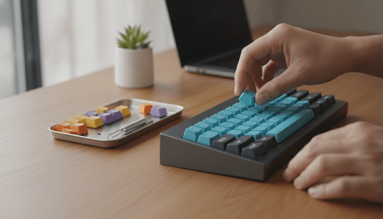 A person choosing a keycap to place on a custom mechanical keyboard, illustrating how to choose a mechanical keyboard for a personalized setup.