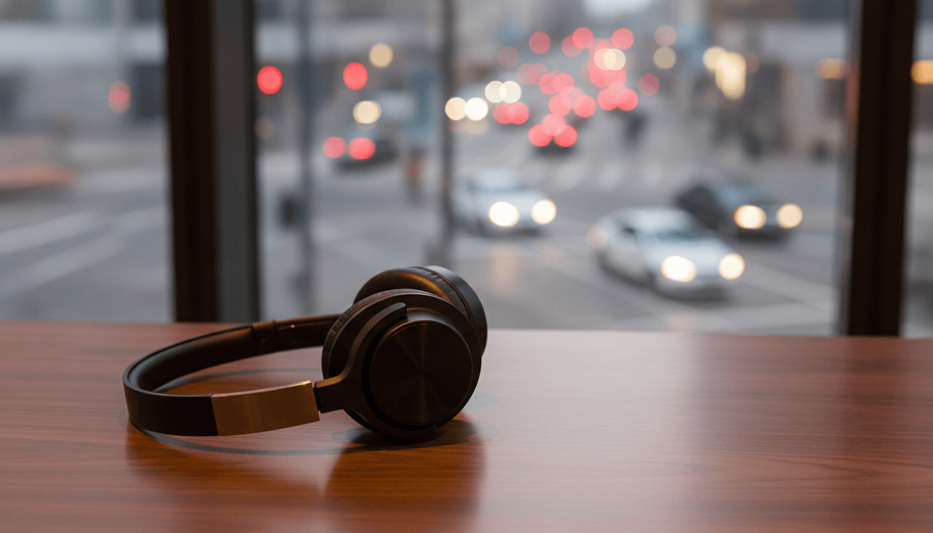 A close-up of a pair of noise-cancelling headphones on a desk, with a blurred city scene outside the window, illustrating how to choose noise cancelling headphones.