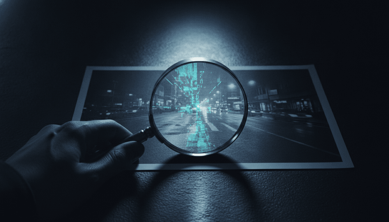 An illustration of a detective analyzing digital text and images for signs of AI generation, a key theme in this AI content detector guide.