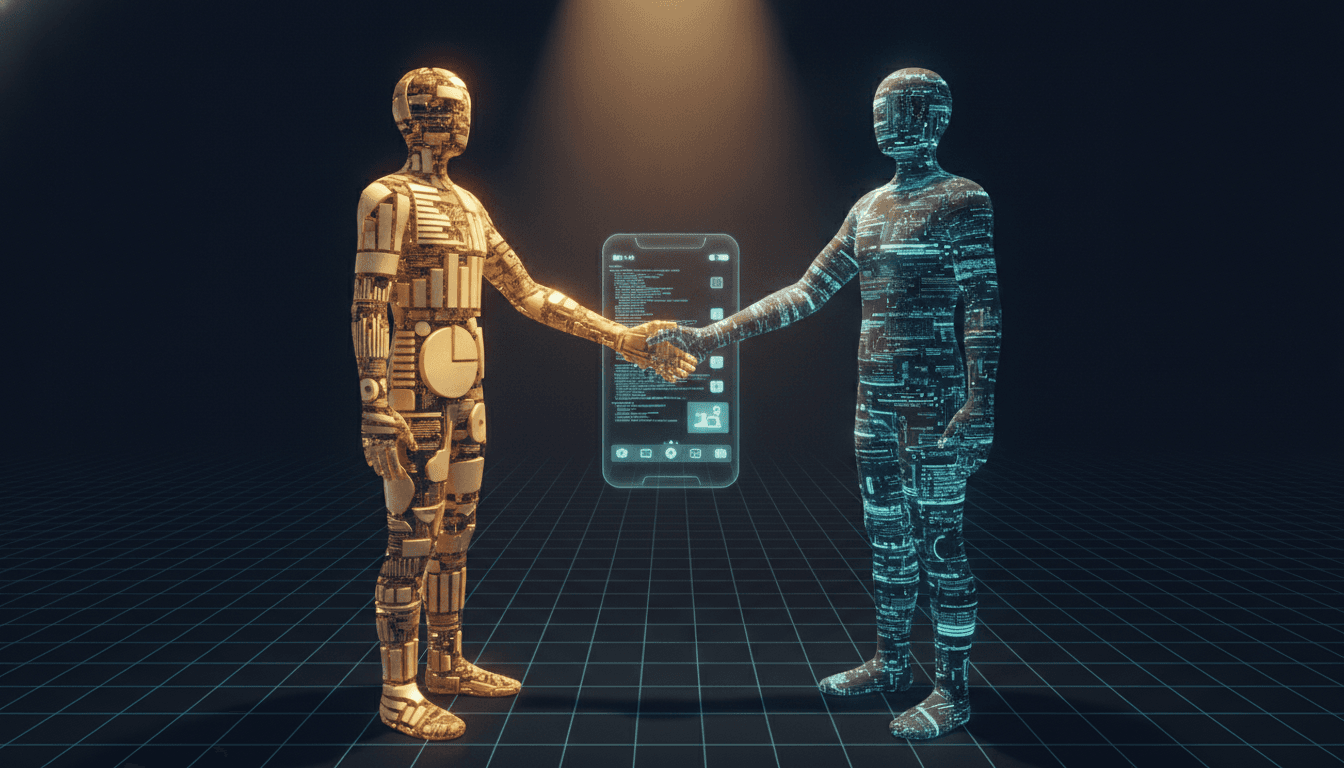 An illustration showing a business-focused founder and a technical founder shaking hands, symbolizing the process of how to find a technical co-founder.