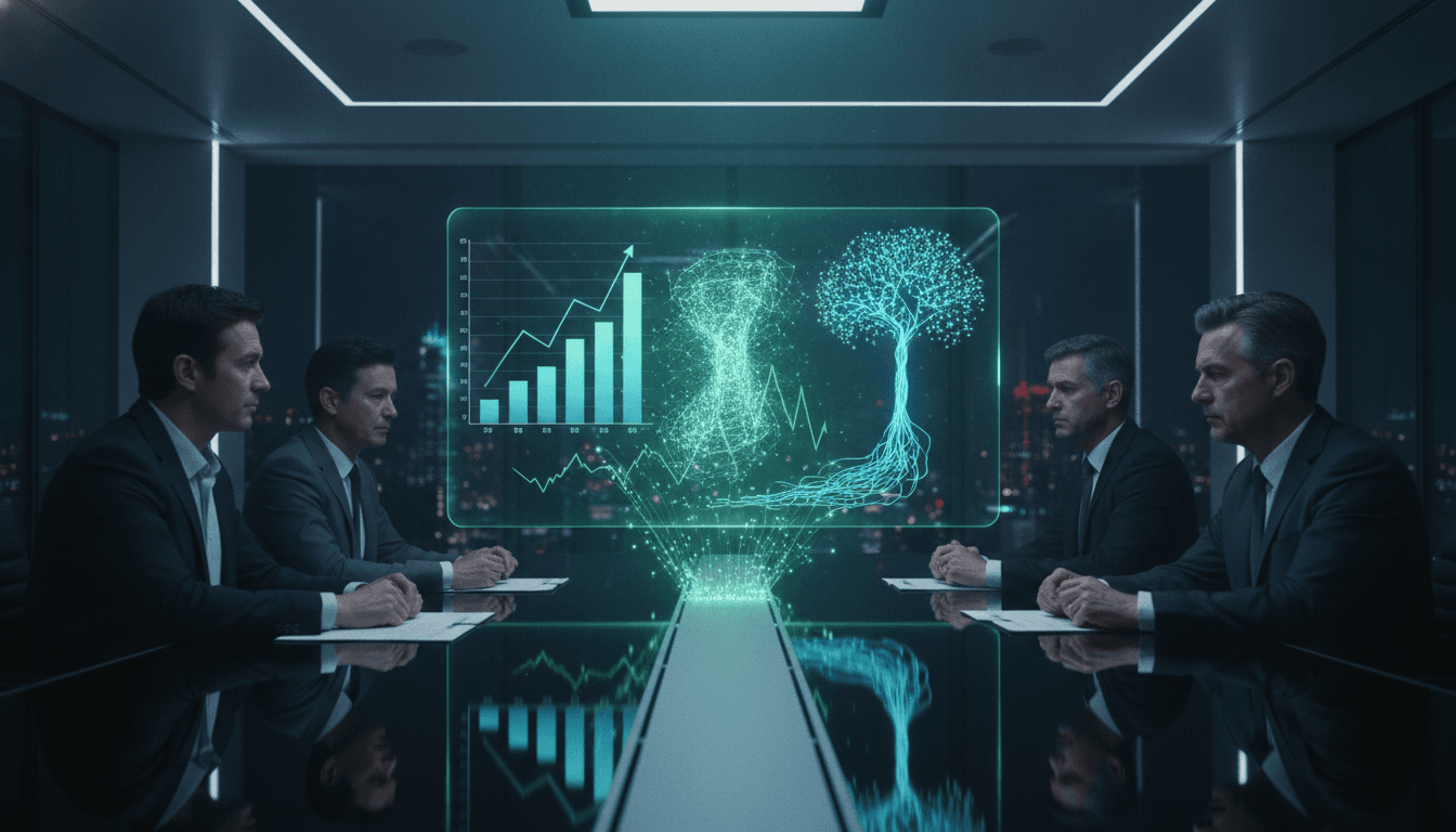 A digital dashboard displaying key metrics for how to measure AI ROI, being reviewed by business leaders in an office.