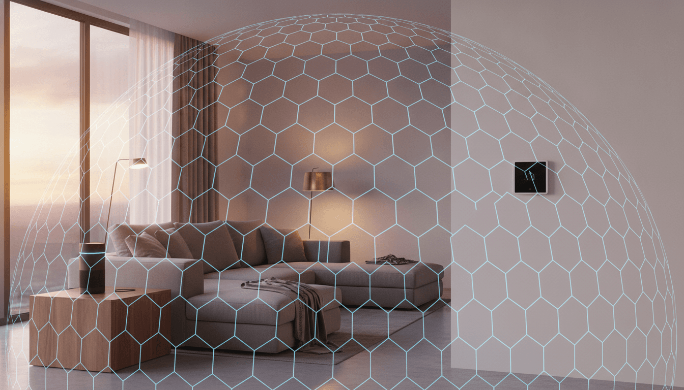 A modern smart home living room with a digital shield overlay, illustrating how to secure smart home devices from hackers.