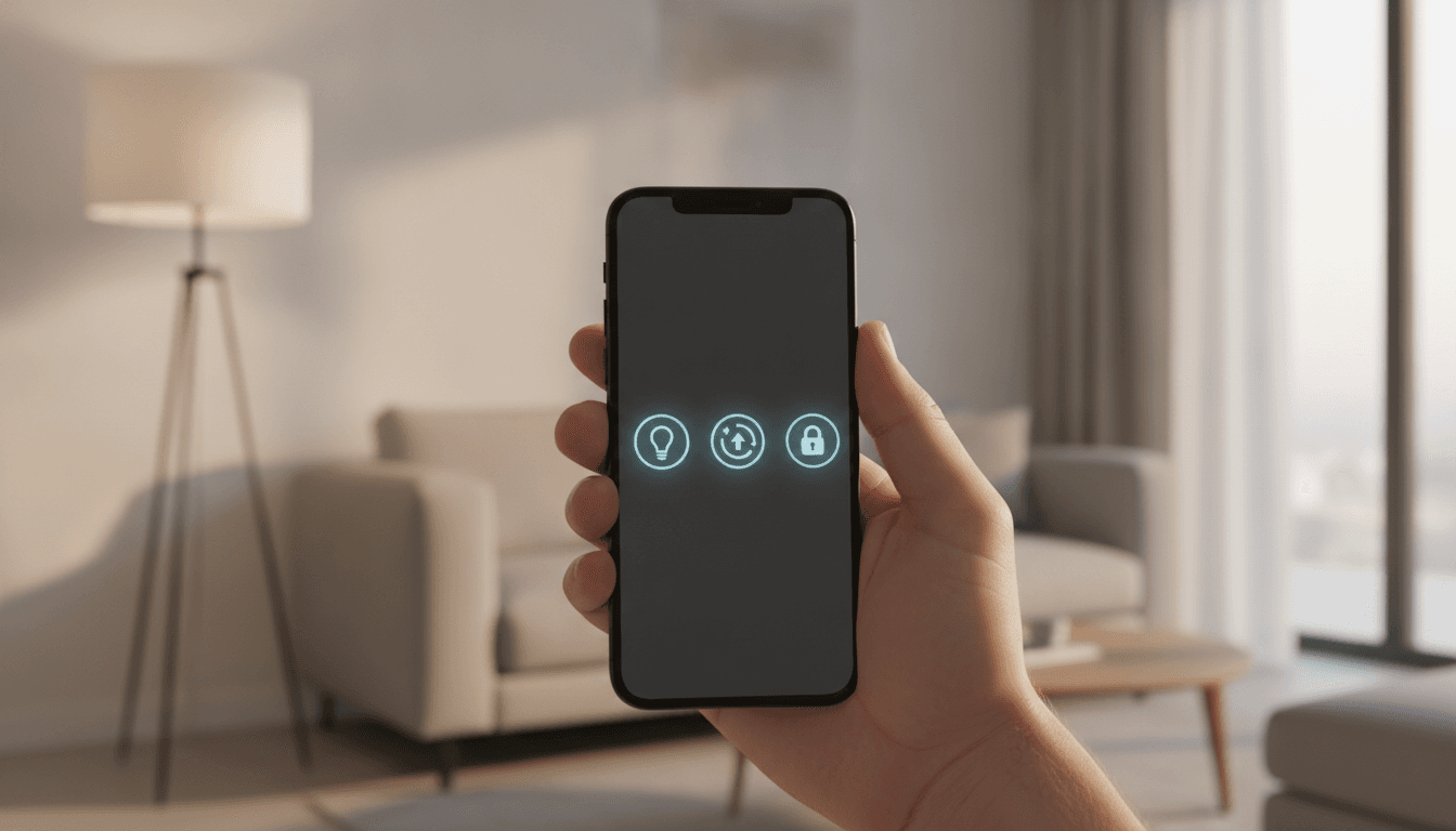 A person's hand holding a smartphone with a smart home control app, demonstrating how to set up a smart home with various connected devices in the background.