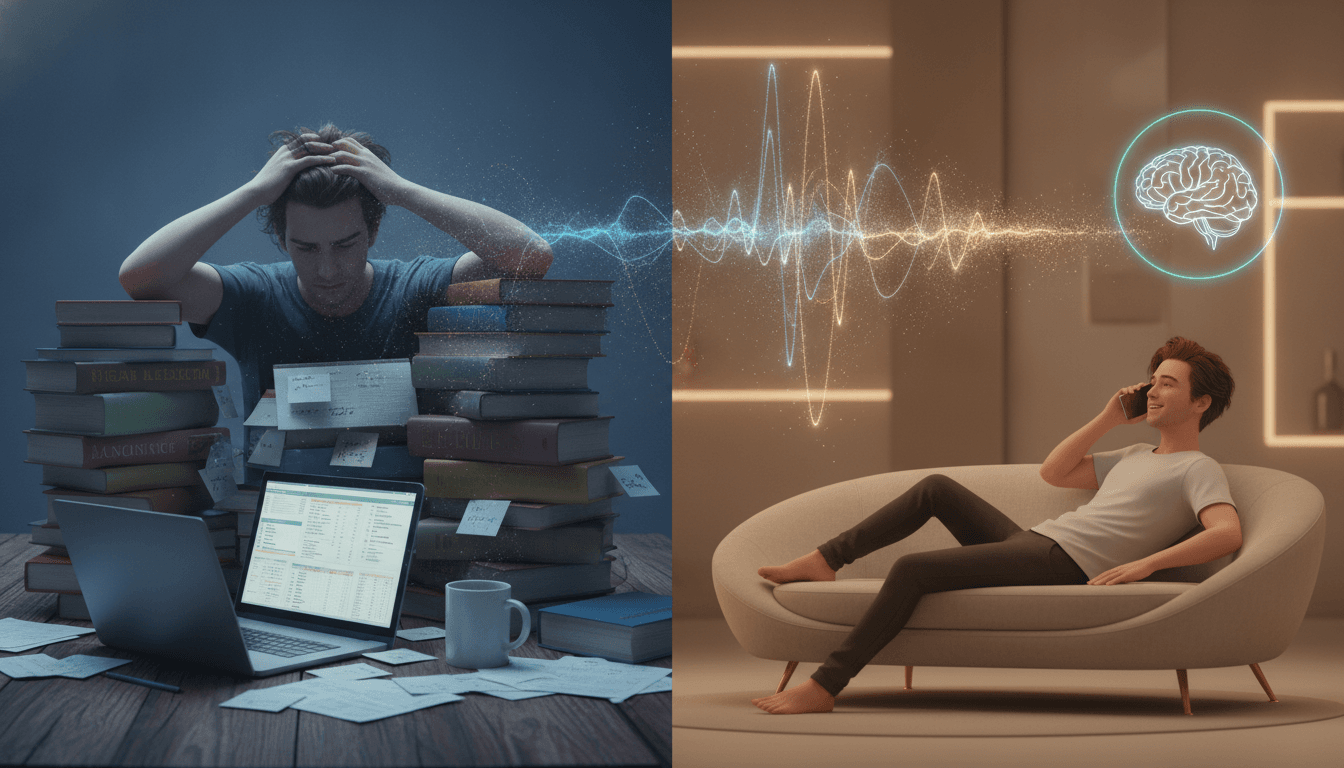 A split image contrasting traditional language learning with books and AI language learning with a smartphone, showing how to use AI to learn a language.