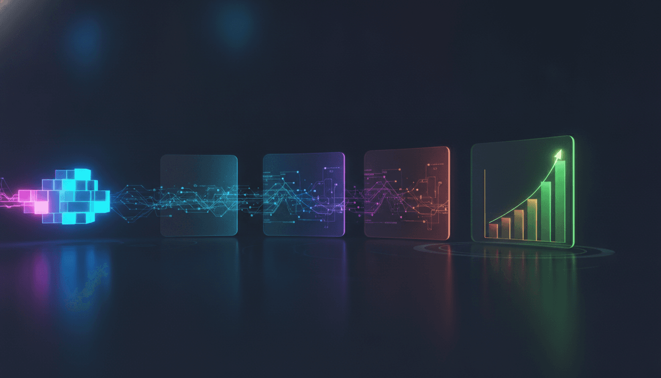 An illustration of the ideal pitch deck structure, showing a series of glowing slides arranged in a logical arc, representing a guide on how to write a pitch deck for investors.