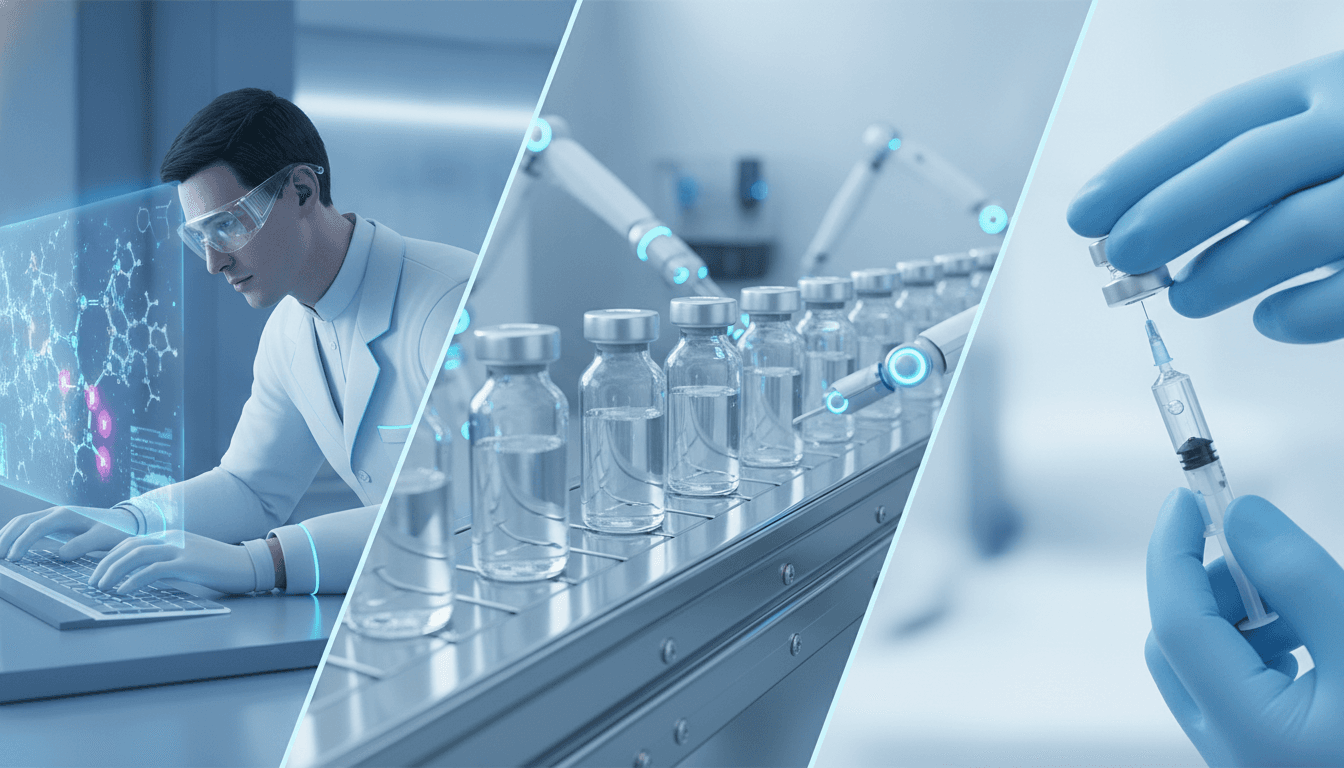 A visual representation of how vaccines are made, showing scientific research, manufacturing, and clinical application stages.