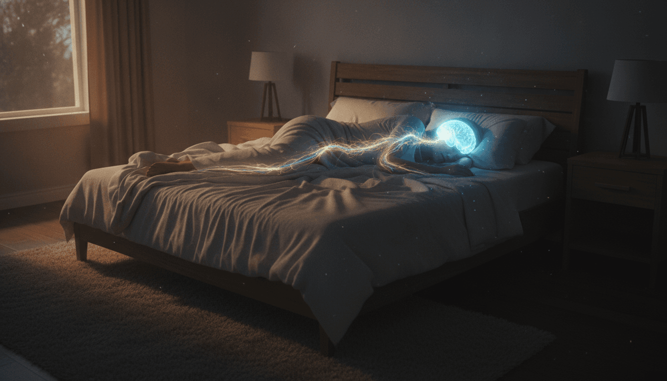 An abstract, glowing representation of the human brain and body during the different stages of sleep, symbolizing rest, recovery, and cognitive function.